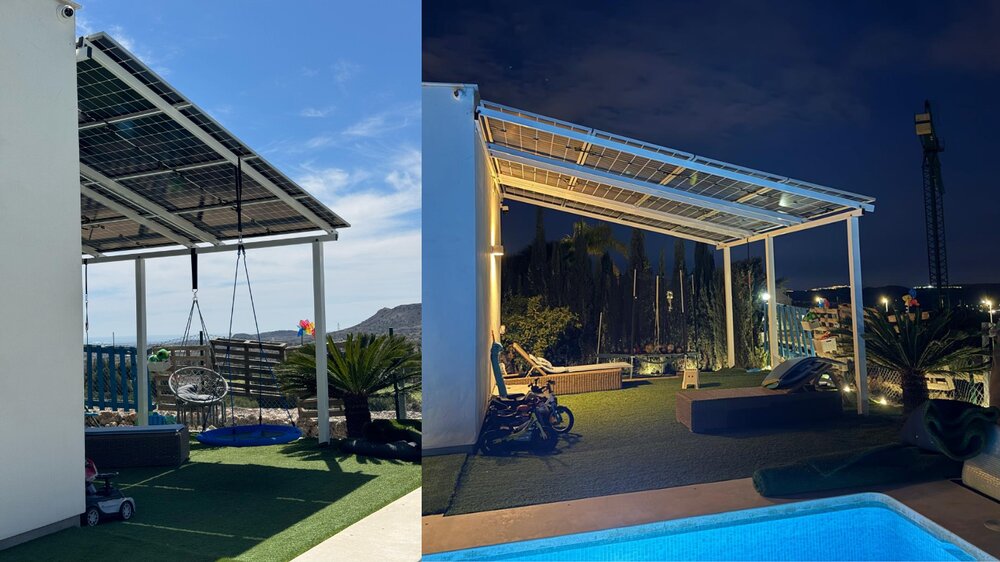 Pérgola solar de día y de noche