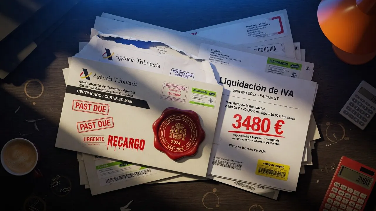 Spanish tax VAT assessment for 3480 euros with surcharge stamps and certified mail