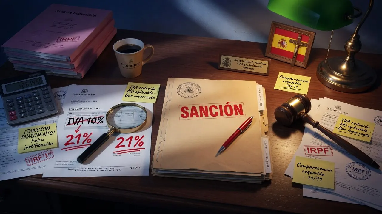 Tax inspection desk: SANCIÓN folder, 10% VAT crossed out and 21% marked in red