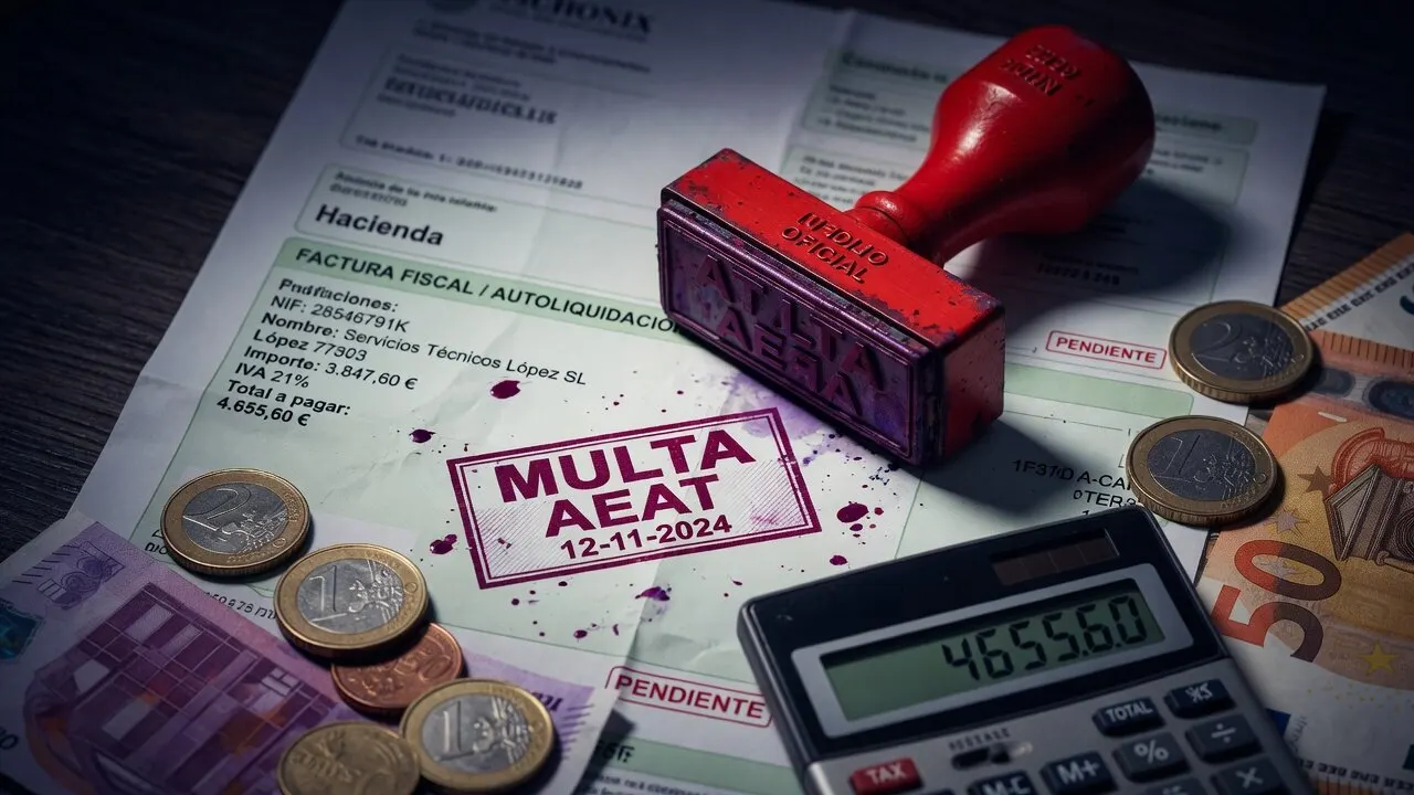 Red MULTA AEAT stamp on a tax invoice with coins and calculator