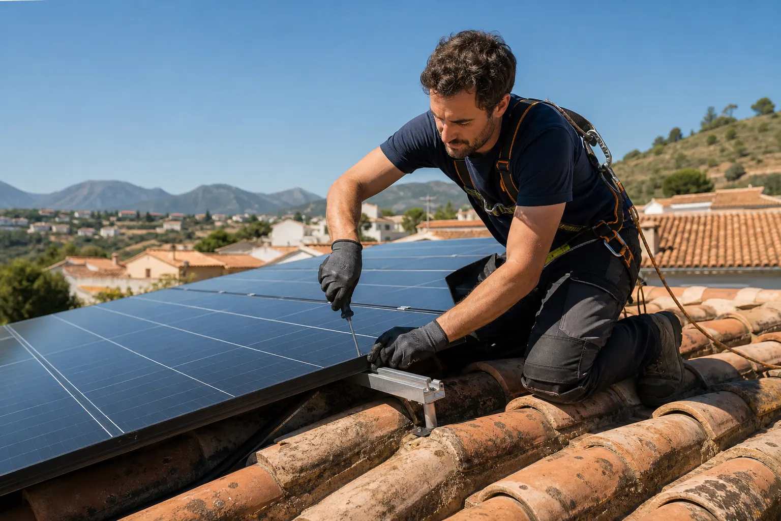 Installateur travaillant sur une toiture avec des panneaux solaires