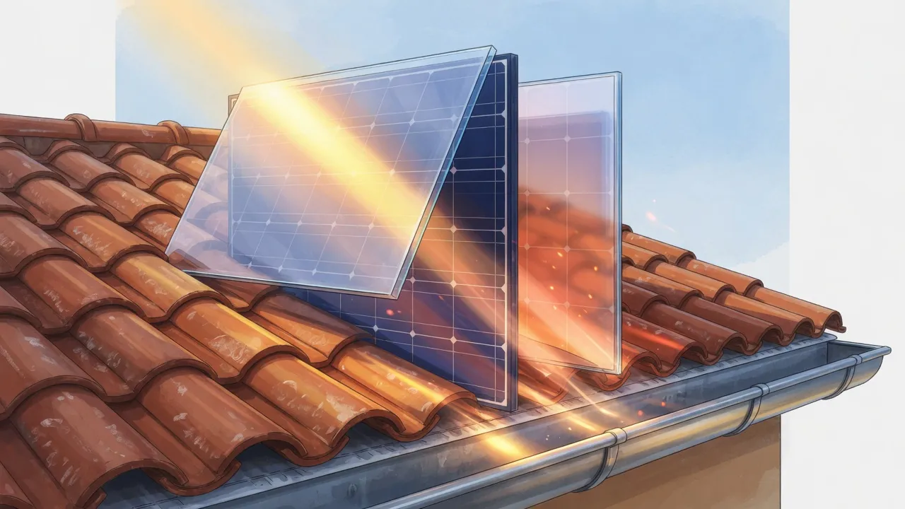 Dibujo de un panel bifacial sobre teja árabe roja: el sol entra por delante y la teja devuelve luz naranja a la cara trasera