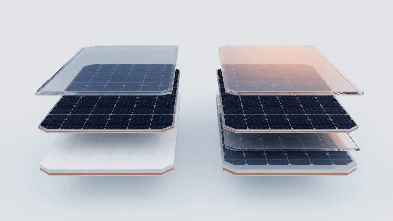Corte de un panel monofacial (vidrio, células, plástico opaco) frente a un bifacial vidrio-vidrio con las dos caras activas