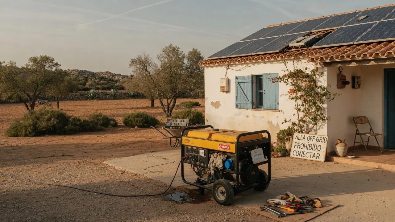 Portable generator beside a rural home with solar panels — off-grid backup equipment