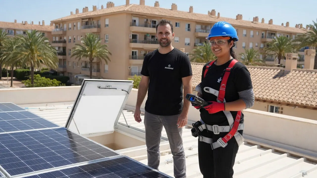 Equipo Atodosol con camiseta de la empresa en un ático revisando placas y trampilla