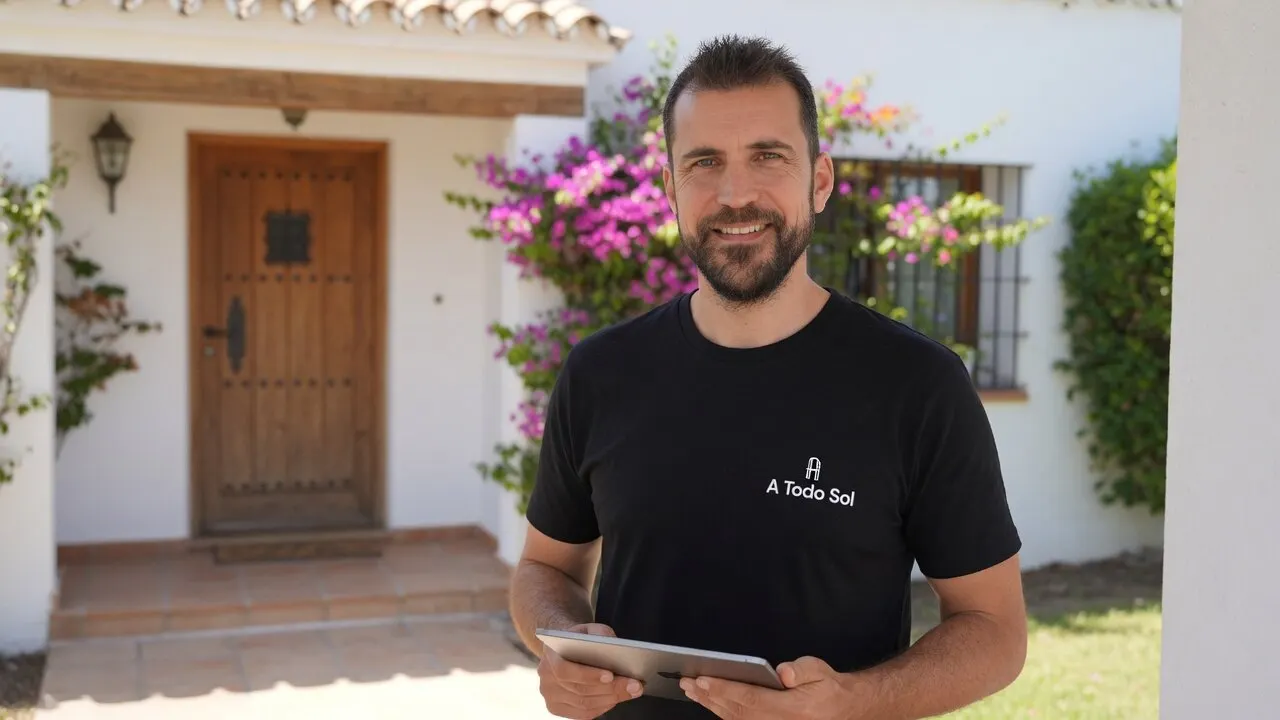 Pedro from Atodosol in company t-shirt at a customer home for technical support