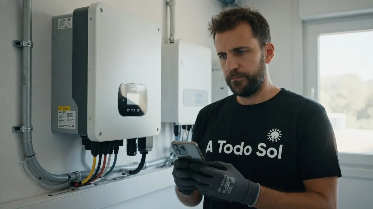 Técnico de Atodosol con camiseta de la empresa reconfigurando el WiFi del inversor